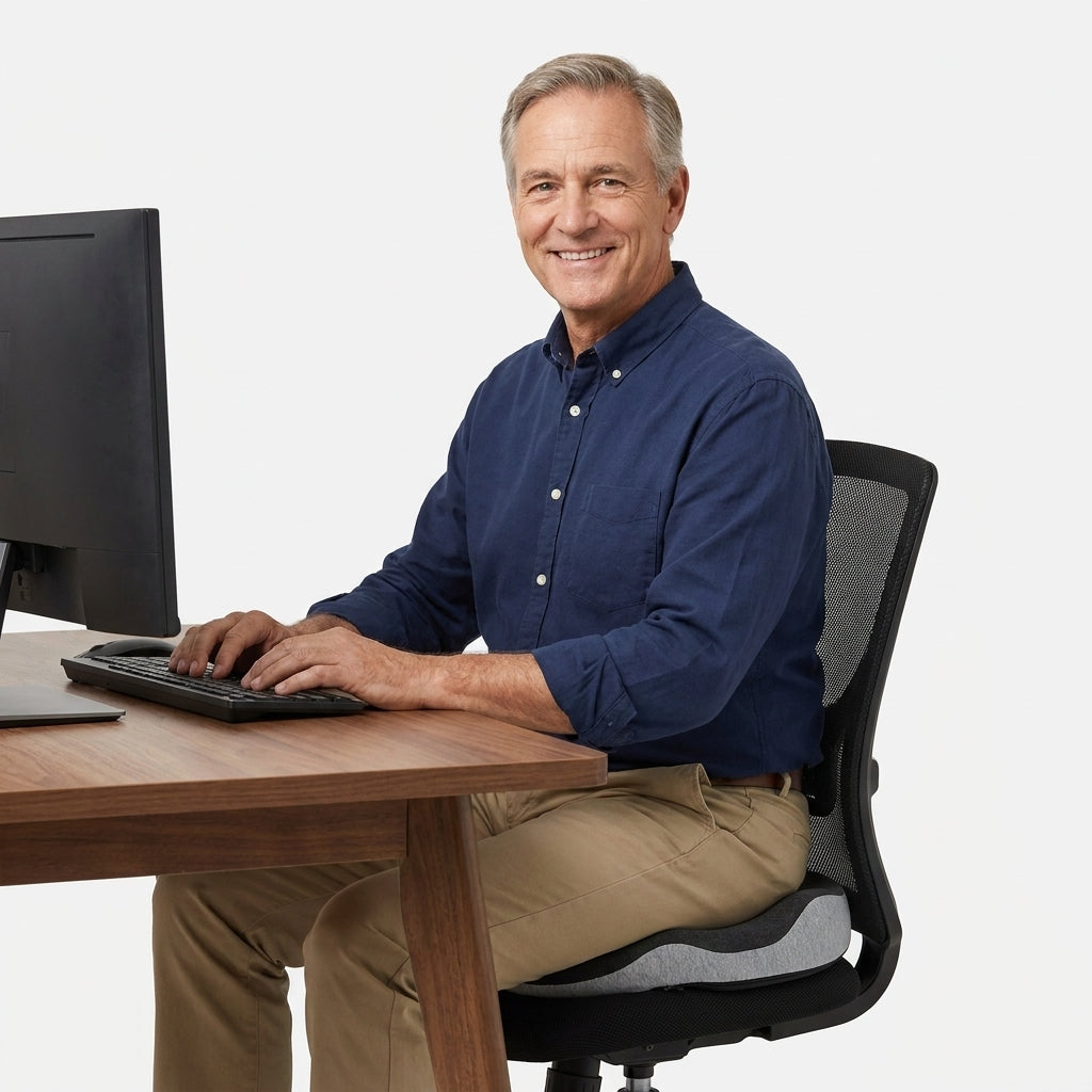 Homme assis sur un coussin bouée coccyx