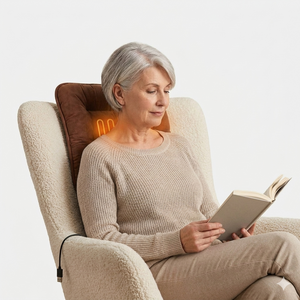 femme assise sur un coussin chauffant pour le dos 