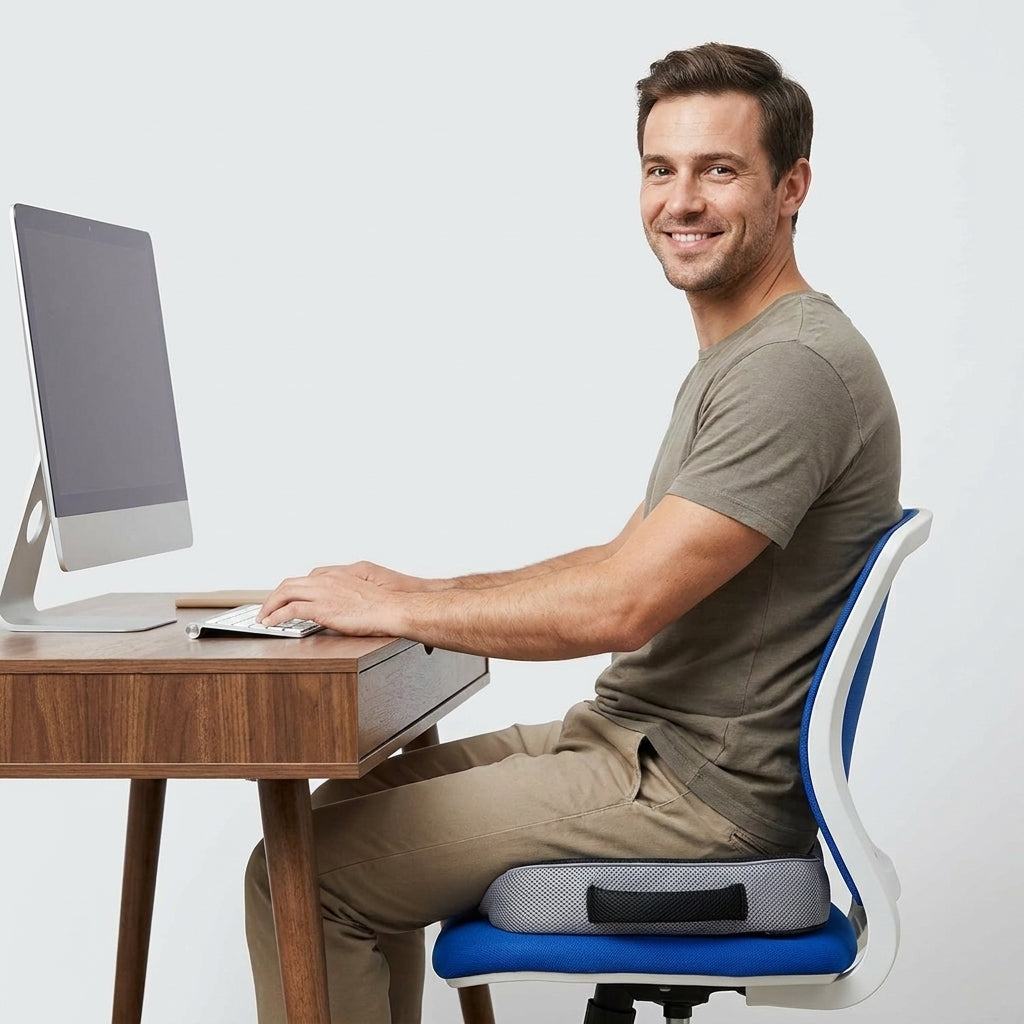 homme qui travaille sur un coussin pour fracture coccyx