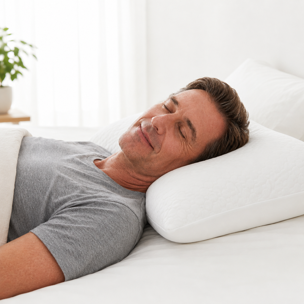 Oreiller latex ergonomique soutien cervicales homme qui dort 