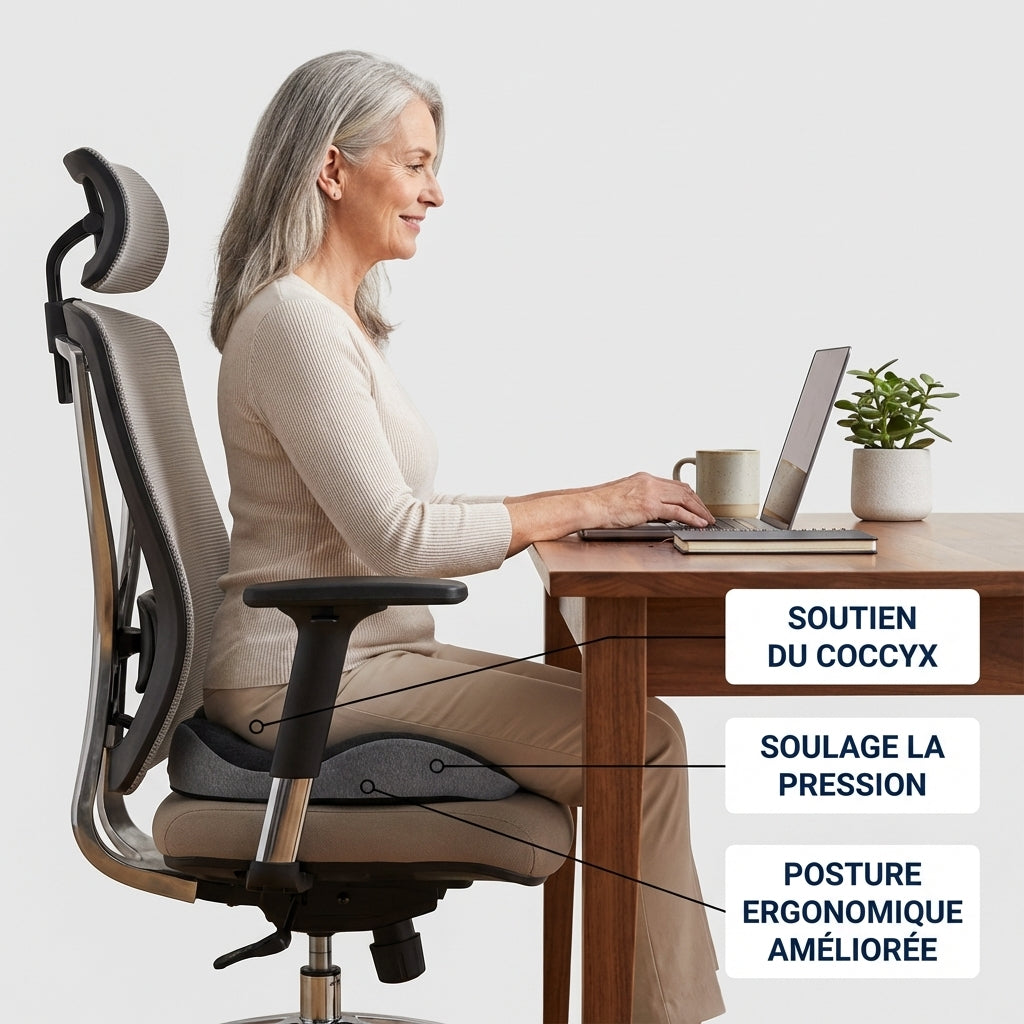 femme travaillant assise sur un coussin bouée