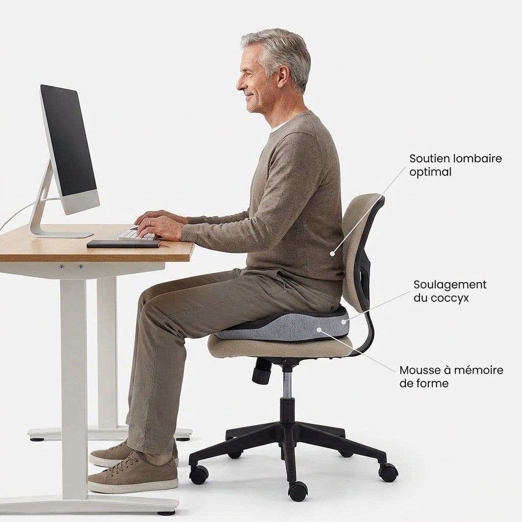homme travaillant assis sur un coussin bouée Image