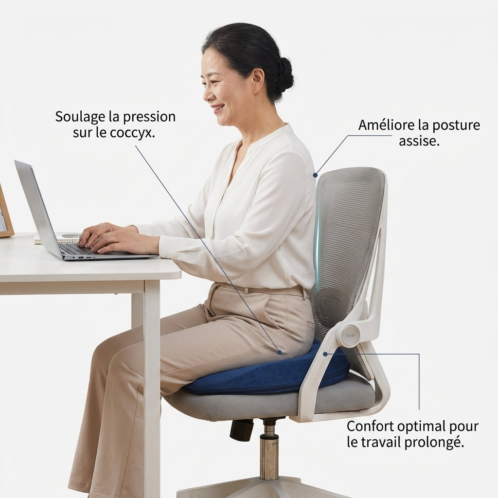 Femme assise sur un coussin donut travaillant sur son bureau