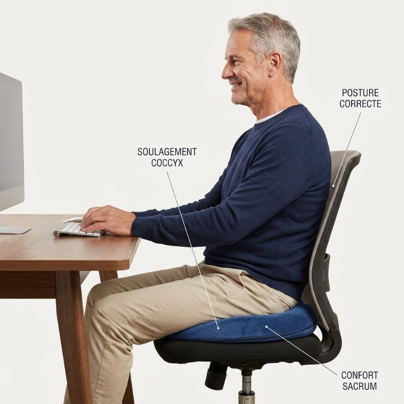 Homme assis sur un coussin donut travaillant sur son bureau Image