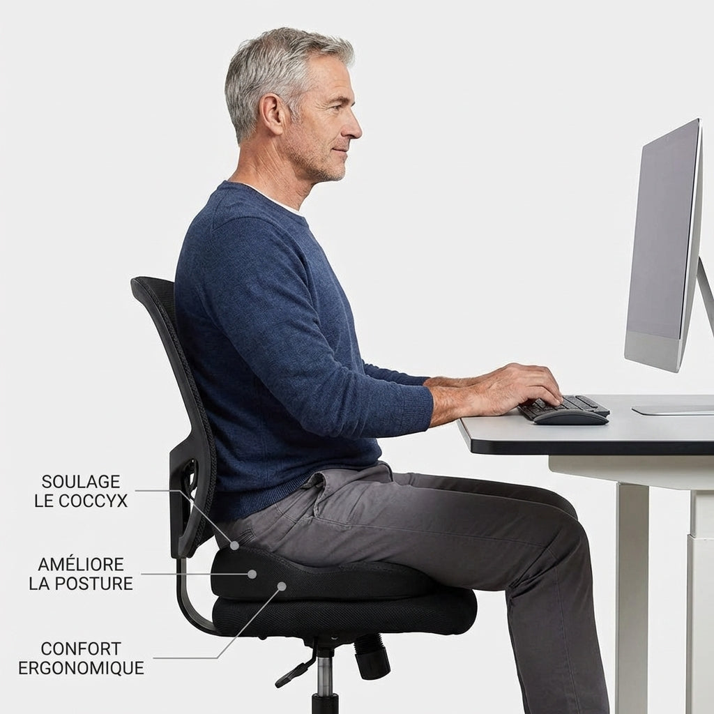 homme assis travaillant sur un coussin en u  Image