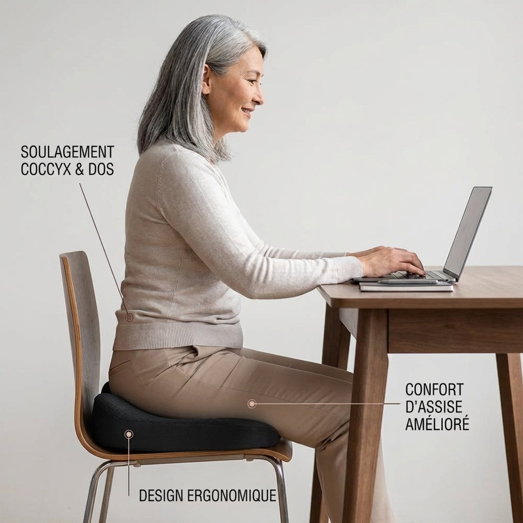 femme assise travaillant sur un coussin en u 