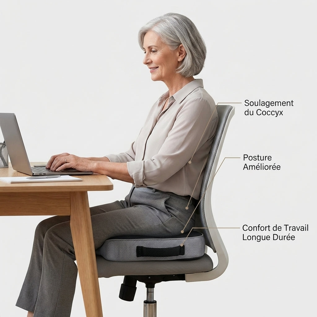 Femme assise sur un coussin pour fracture coccyx Image