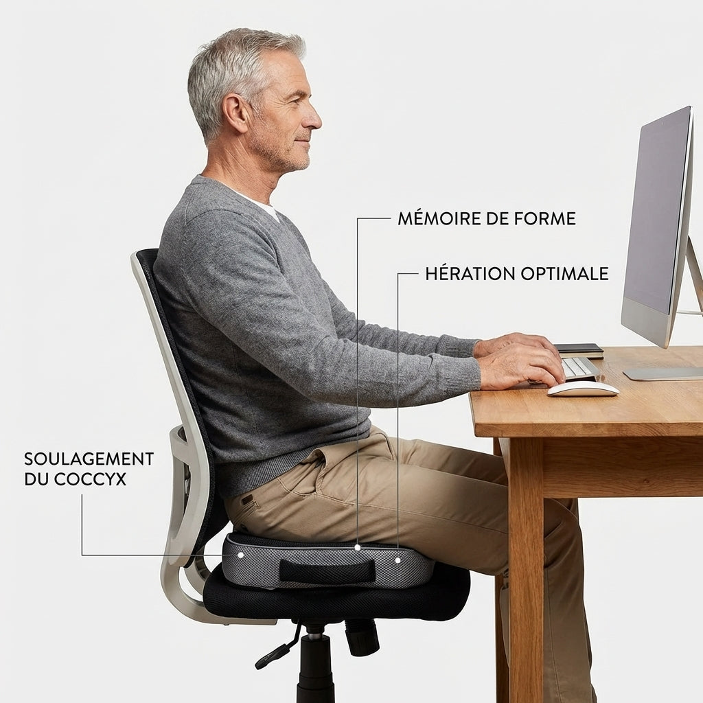 Homme assis sur un coussin pour fracture coccyx