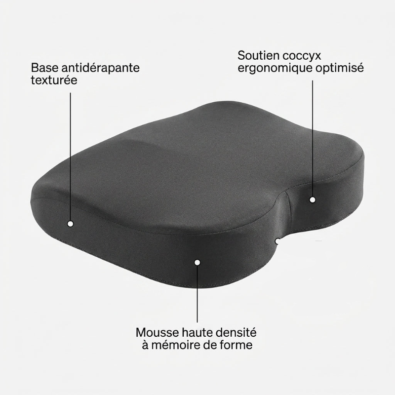 Coussin voiture coccyx - Vue trois-quarts du produit, details techniques et ajustement anatomique