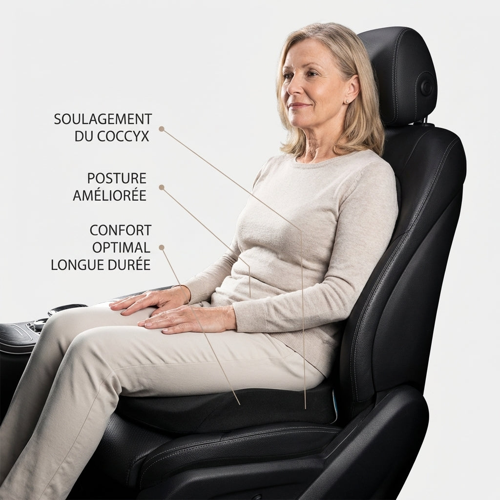 femme assise sur un coussin pour coccyx